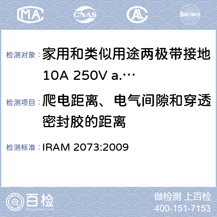 爬电距离、电气间隙和穿透密封胶的距离 家用和类似用途两极带接地10A 250V a.c.插头 IRAM 2073:2009 条款 27