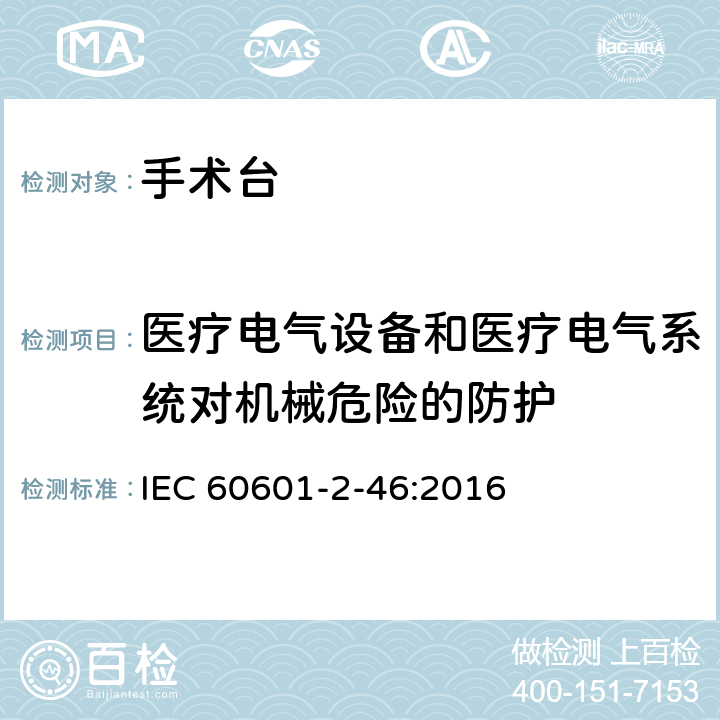 醫療電氣設備和醫療電氣系統對機械危險的防護 醫用電氣設備 第2-46 部分：手術臺基本安全和基本性能專用要求 IEC 60601-2-46:2016 條款201.9