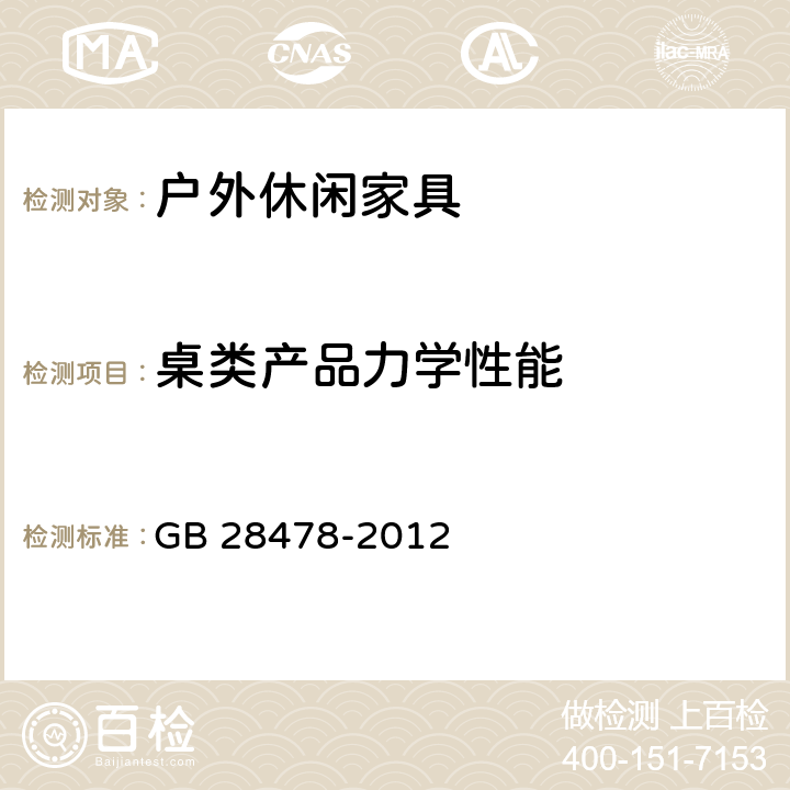 桌類產品力學性能 戶外休閑家具安全性能要求-桌椅類產品 GB 28478-2012 條款6.5, 7.8