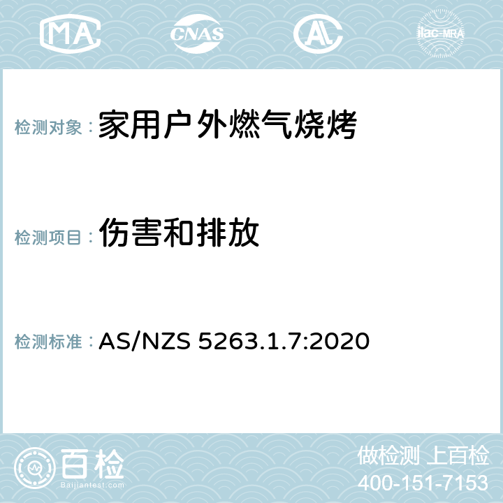 伤害和排放 AS/NZS 5263.1 燃气用具 - 第1.7：国内户外燃气烧烤 .7:2020 5.13