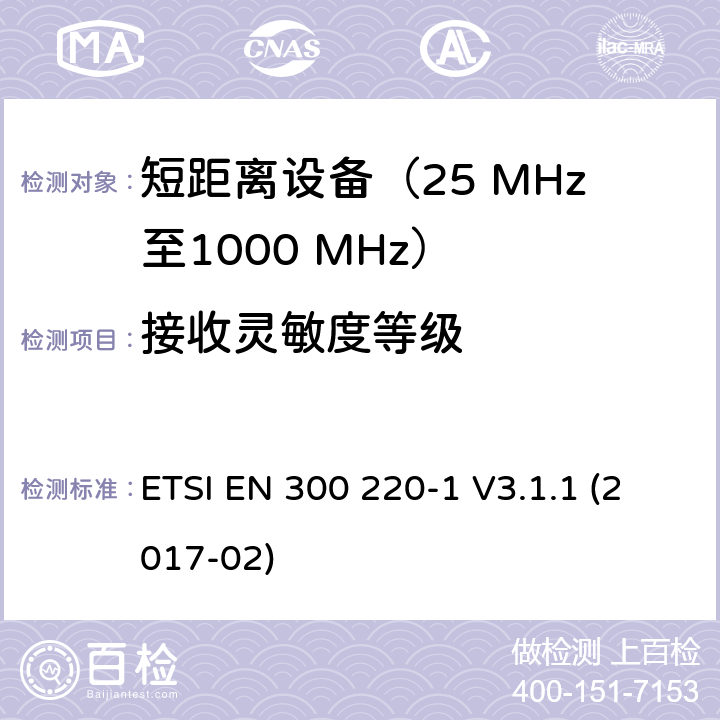 接收灵敏度等级 在25 MHz至1000 MHz频率范围内工作的短距离设备（SRD）；第1部分：技术特性和测量方法 ETSI EN 300 220-1 V3.1.1 (2017-02) 5.14