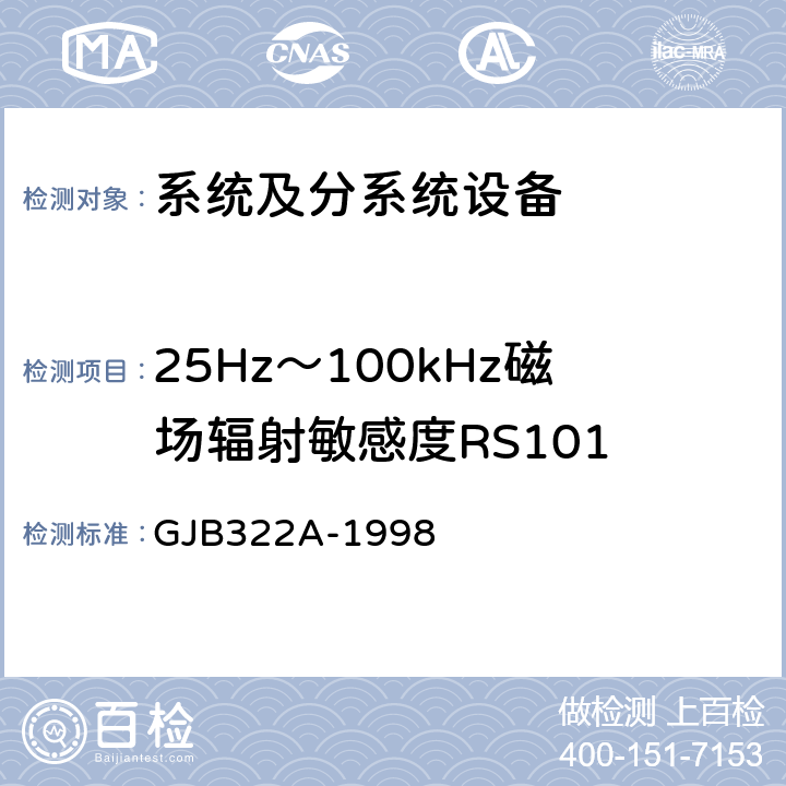 25Hz～100kHz磁场辐射敏感度RS101 军用计算机通用规范 GJB322A-1998 3.11、4.7.12