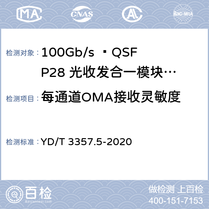 每通道OMA接收灵敏度 100Gb/s QSFP28光收发合一模块 第5部分：4×25Gb/s ER4 Lite YD/T 3357.5-2020 7.11