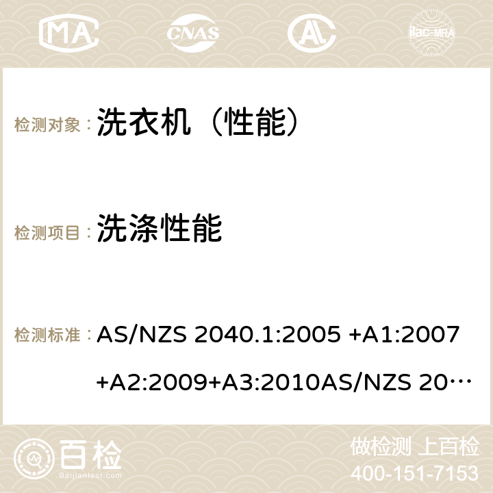 洗涤性能 家用洗衣机-性能测量方法第2部分：能源标签要求 AS/NZS 2040.1:2005 +A1:2007+A2:2009+A3:2010
AS/NZS 2040.2:2005+A1:2012