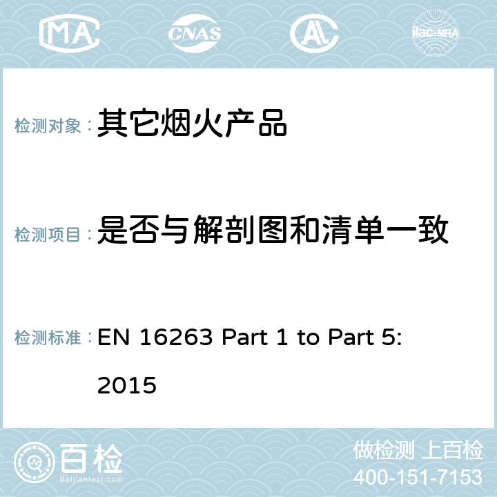 是否与解剖图和清单一致 EN 16263 欧盟烟花标准EN16263 第一部份至第五部份: 2015 烟火产品 - 其它烟火产品  Part 1 to Part 5: 2015