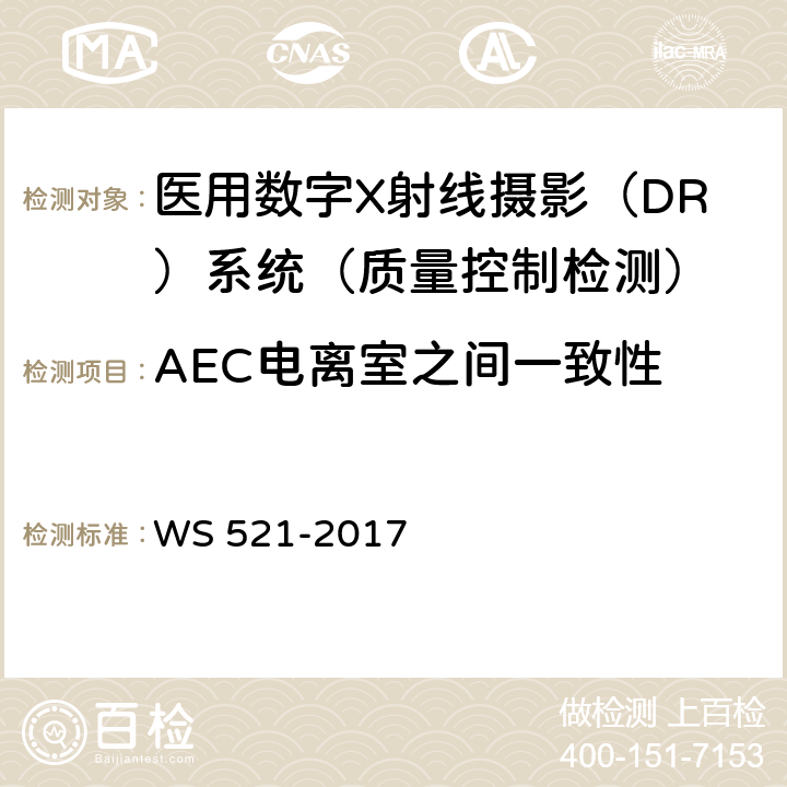 AEC电离室之间一致性 医用数字X射线摄影（DR）系统质量控制检测规范 WS 521-2017 6.10.2