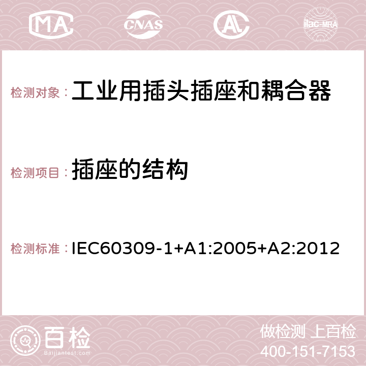 插座的结构 工业用插头插座和耦合器 第 1 部分：通用要求 IEC60309-1+A1:2005+A2:2012 条款15