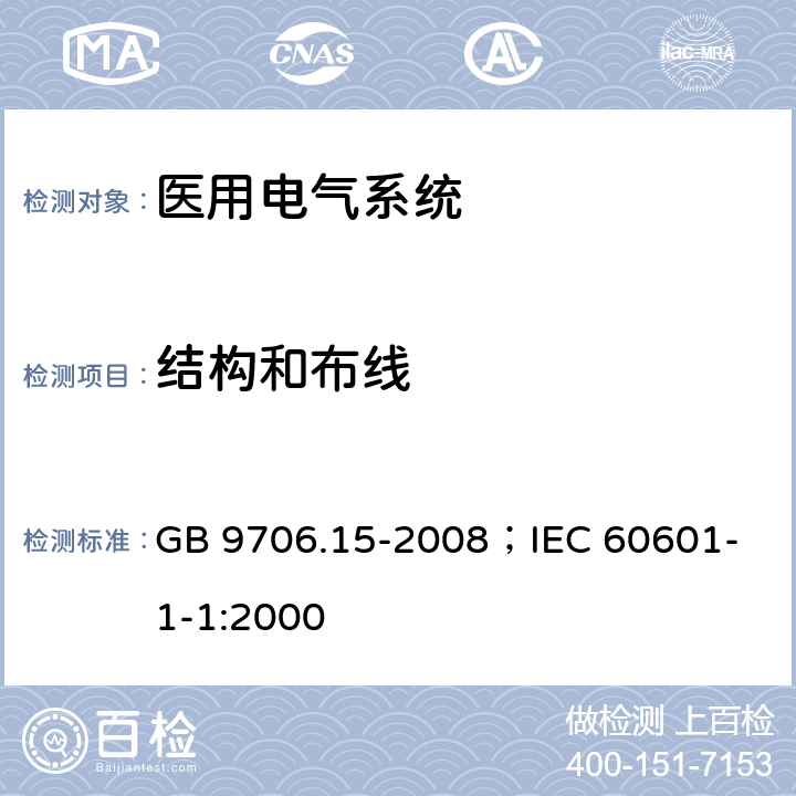 结构和布线 医用电气设备 第1-1部分：安全通用要求并列标准：医用电气系统安全要求 GB 9706.15-2008；
IEC 60601-1-1:2000 59