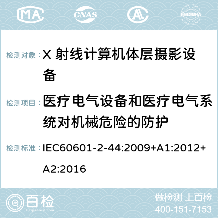 医疗电气设备和医疗电气系统对机械危险的防护 医用电气设备 第2-44部分：计算机断层扫描X射线设备的基本安全与基本性能专用要求 IEC60601-2-44:2009+A1:2012+A2:2016 条款201.9