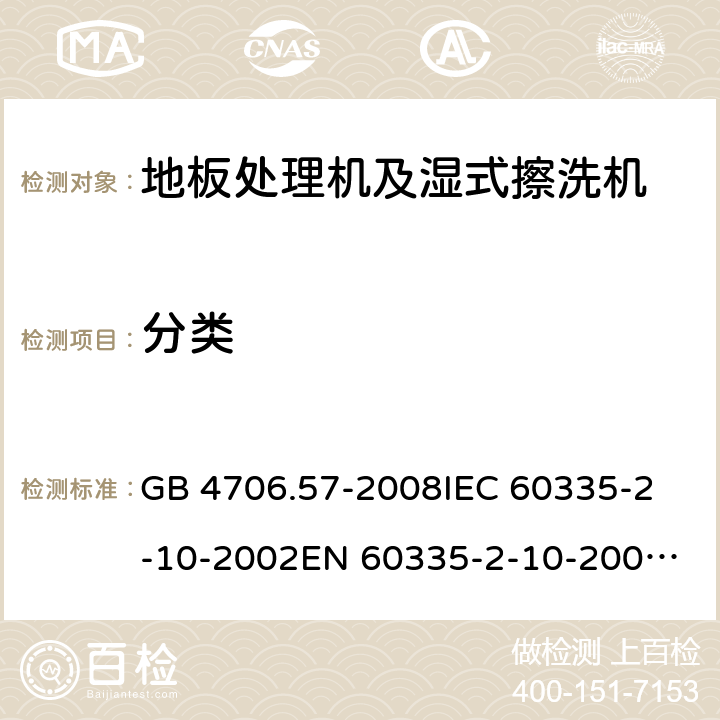 分类 家用和类似用途电器的安全 地板处理机和湿式擦洗机的特殊要求 GB 4706.57-2008
IEC 60335-2-10-2002
EN 60335-2-10-2009
EN60335-2-10:2003+ A1:2008 6