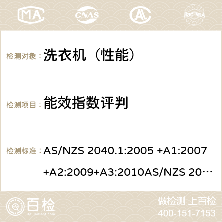 能效指数评判 家用电动洗衣机性能第1部分：测量方法-性能，能源和水消费 AS/NZS 2040.1:2005 +A1:2007+A2:2009+A3:2010
AS/NZS 2040.2:2005+A1:2012 2.7