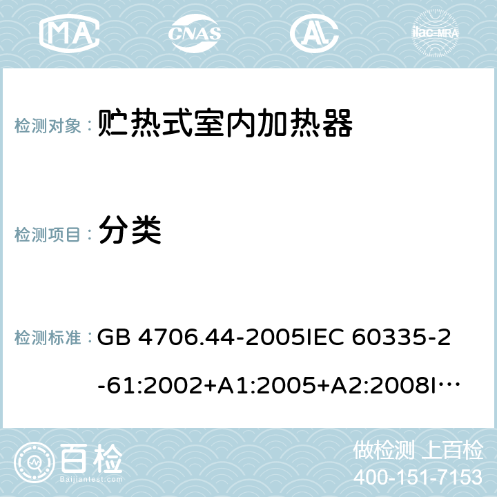 分类 家用和类似用途电器的安全 贮热式室内加热器的特殊要求 GB 4706.44-2005
IEC 60335-2-61:2002+A1:2005+A2:2008
IEC 60335-2-61:2009
EN 60335-2-61:2003+A1:2005+A2:2008 6