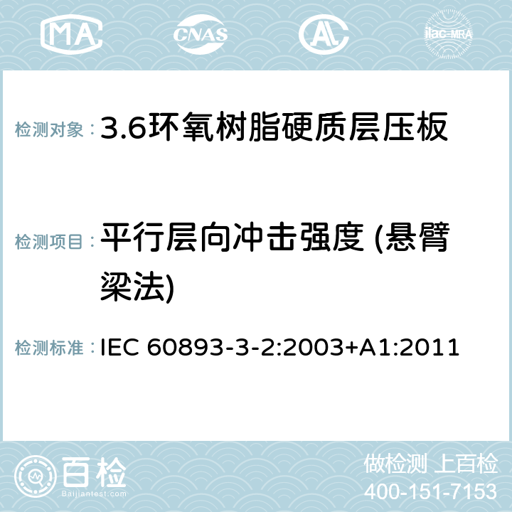 平行层向冲击强度 (悬臂梁法) 电气用热固性树脂工业硬质层压板 第3部分：单项材料规范 第2篇：对环氧树脂硬质层压板的要求 IEC 60893-3-2:2003+A1:2011 表5