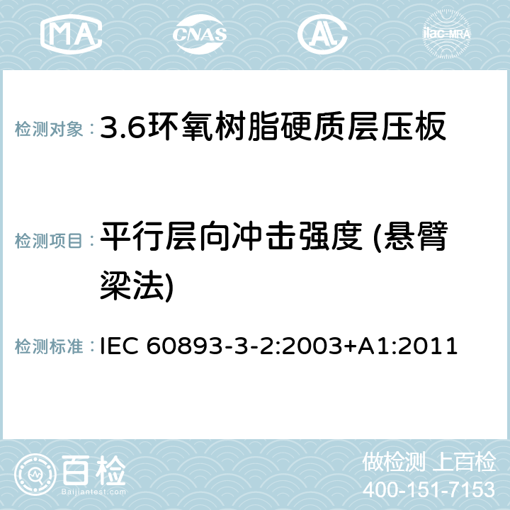 平行层向冲击强度 (悬臂梁法) IEC 60893-3-2-2003 绝缘材料 电工用热固性树脂工业硬质层压板 第3-2部分:单项材料规范 环氧树脂基硬质层压板的要求