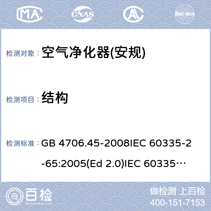 结构 家用和类似用途电器的安全 空气净化器的特殊要求 GB 4706.45-2008
IEC 60335-2-65:2005(Ed 2.0)
IEC 60335-2-65:2002+A1:2008+A2:2015 22