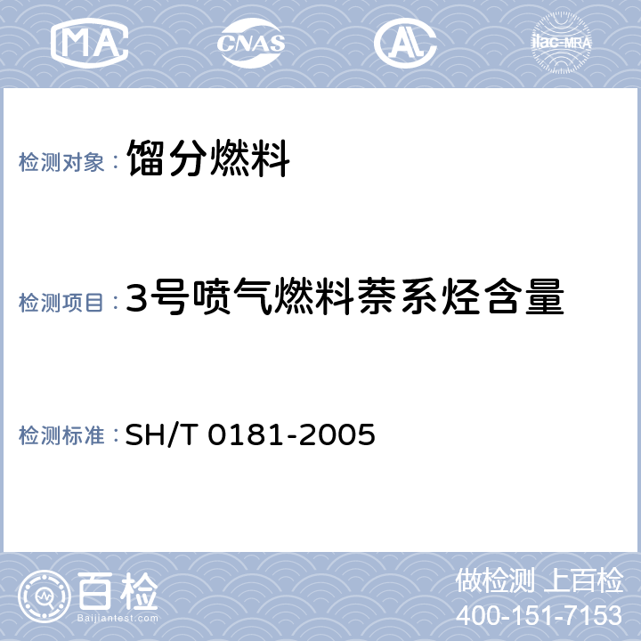 3号喷气燃料萘系烃含量 喷气燃料中萘系烃含量测定法（紫外分光光度法） SH/T 0181-2005