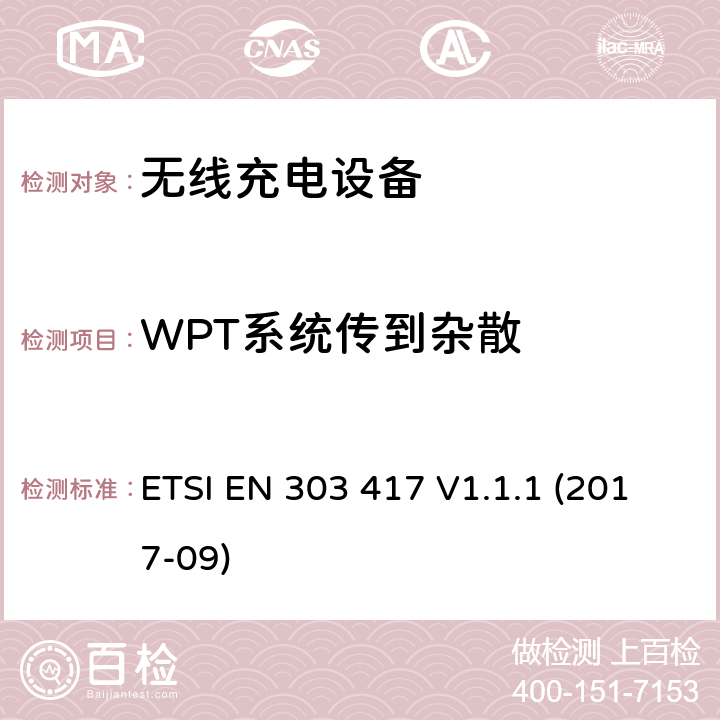 WPT系统传到杂散 无线电力传输系统，使用技术除了19-21千赫，59-61千赫，79-90千赫，100-300千赫，6 765-6 795 kHz范围的射频波束；涵盖第2014/53/EU号指令第3.2条基本要求的协调标准 ETSI EN 303 417 V1.1.1 (2017-09) 4.3.7