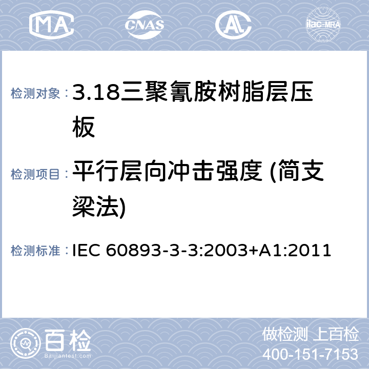 平行层向冲击强度 (简支梁法) IEC 60893-3-3-2003 绝缘材料 电工用热固性树脂工业硬质层压板 第3-3部分:单项材料规范 三聚氰胺树脂基硬质层压板的要求