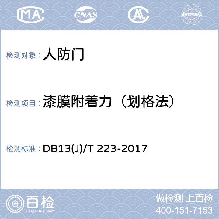 漆膜附着力（划格法） 《人民防空工程防护质量检测技术规程》 DB13(J)/T 223-2017 6.3.15
