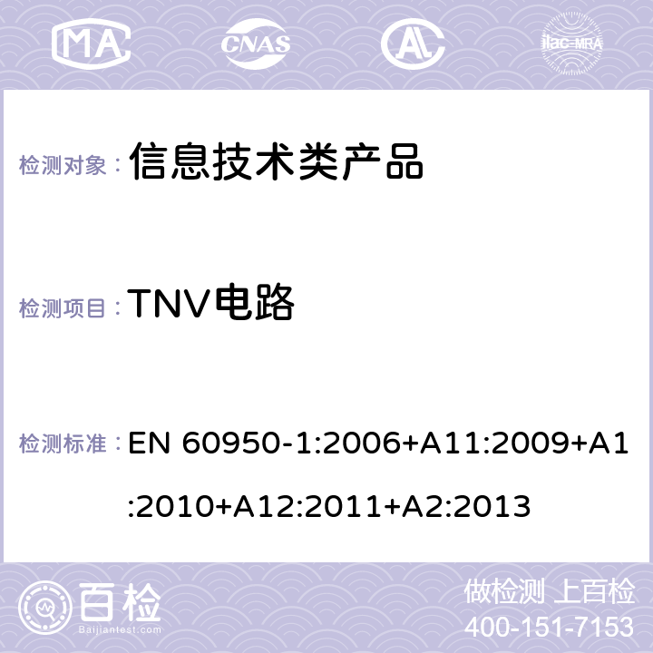 TNV电路 信息技术设备 安全 第1部分 通用要求 EN 60950-1:2006+A11:2009+A1:2010+A12:2011+A2:2013 2.3