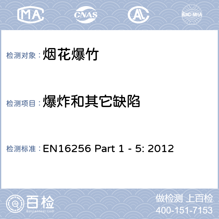 爆炸和其它缺陷 EN 16256 -1-2012烟火制品 舞台烟花 第1部分 术语;-2-2012烟火制品 舞台烟花 第2部分 类别 ;-3-2012烟火制品 舞台烟花 第3部分 结构和性能要求 ;-4-2012烟火制品 舞台烟花 第4部分 标签基本要求和使用要求 ;-5-2012烟火制品 舞台烟花 第5部分 测试方法 EN16256 Part 1 - 5: 2012