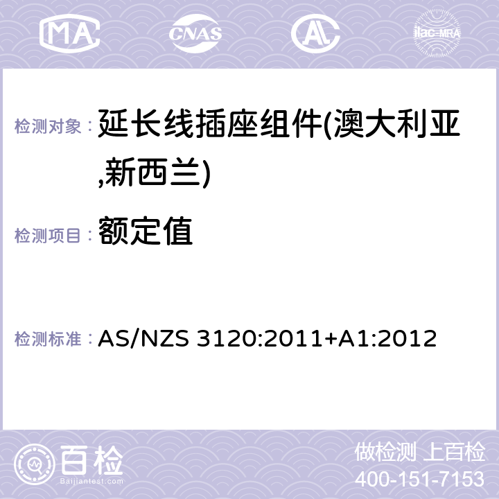 额定值 延长线插座组件认可及测试规范 AS/NZS 3120:2011+A1:2012 2.13