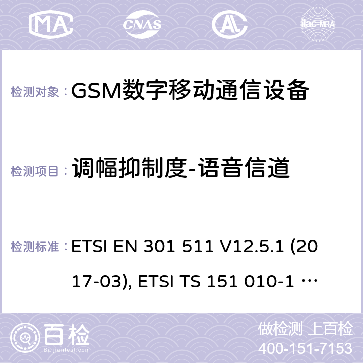 调幅抑制度-语音信道 全球移动通信系统（GSM）；移动台（MS）设备；涵盖基本要求的协调标准第2014/53/EU号指令第3.2条 ETSI EN 301 511 V12.5.1 (2017-03), ETSI TS 151 010-1 V13.11.0 (2020-02) 4.2.35