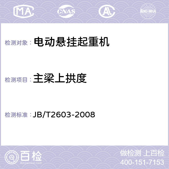 主梁上拱度 电动悬挂起重机 JB/T2603-2008 4.6.2,5.10