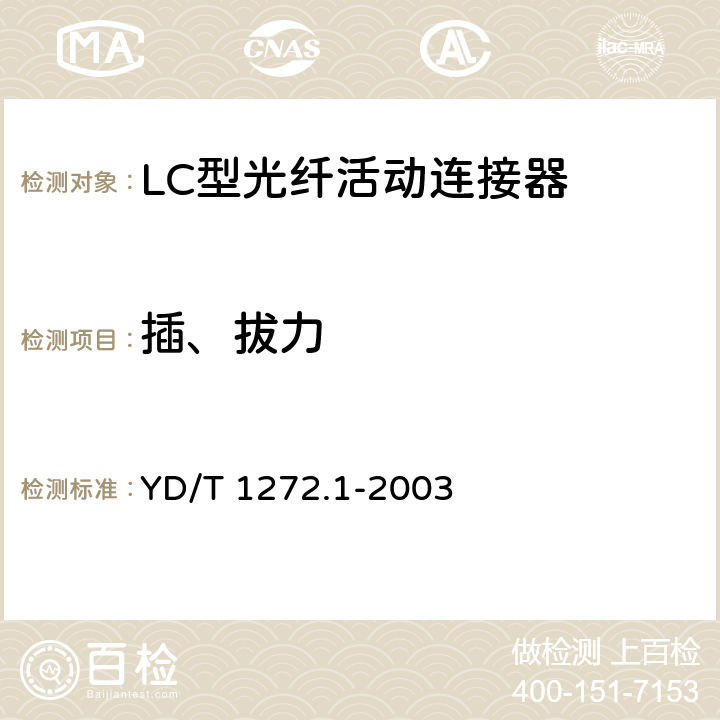 插、拔力 光纤活动连接器 第一部分：LC型 YD/T 1272.1-2003