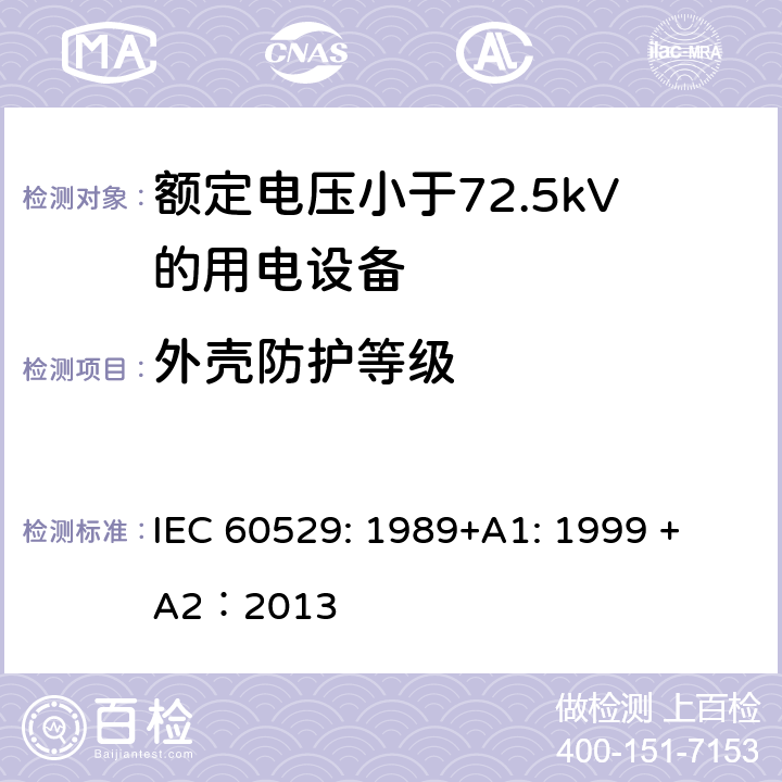外壳防护等级 外壳防护等级(IP代码) IEC 60529: 1989+
A1: 1999 +A2：2013