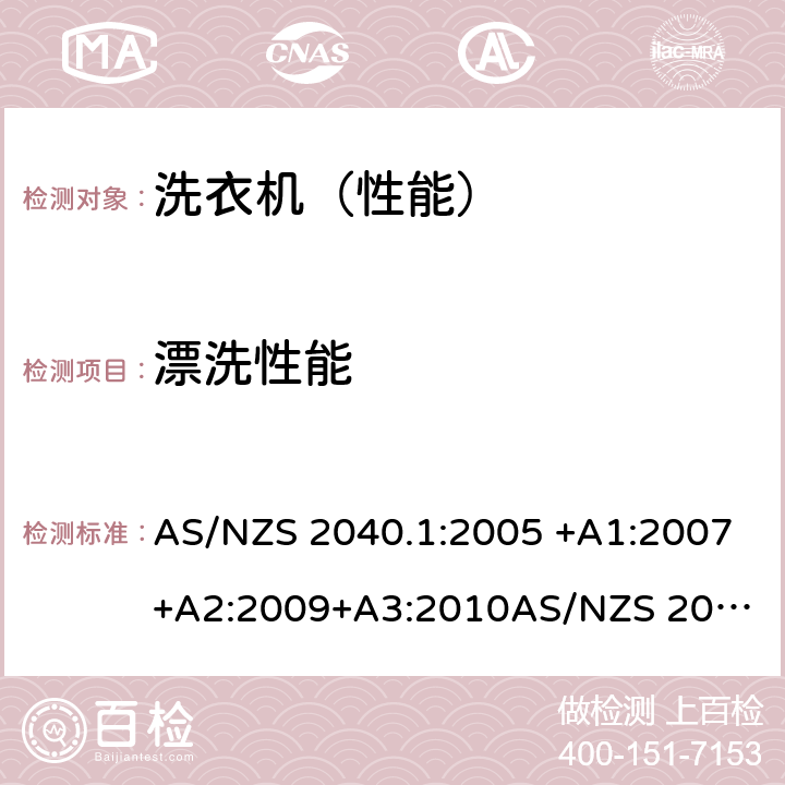 漂洗性能 家用电动洗衣机性能第1部分：测量方法-性能，能源和水消费 AS/NZS 2040.1:2005 +A1:2007+A2:2009+A3:2010
AS/NZS 2040.2:2005+A1:2012 附录N