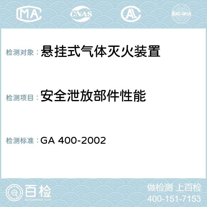 安全泄放部件性能 《气体灭火系统及零部件性能要求和试验方法》 GA 400-2002 6.14