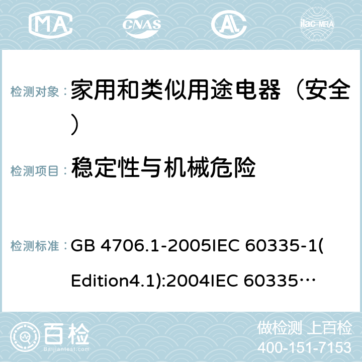 稳定性与机械危险 家用和类似用途电器的安全 第1部分:通用要求 GB 4706.1-2005
IEC 60335-1(Edition4.1):2004
IEC 60335-1:2010+A1:2013+A2:2016
EN 60335-1:2012+A11:2014+A13:2017 20