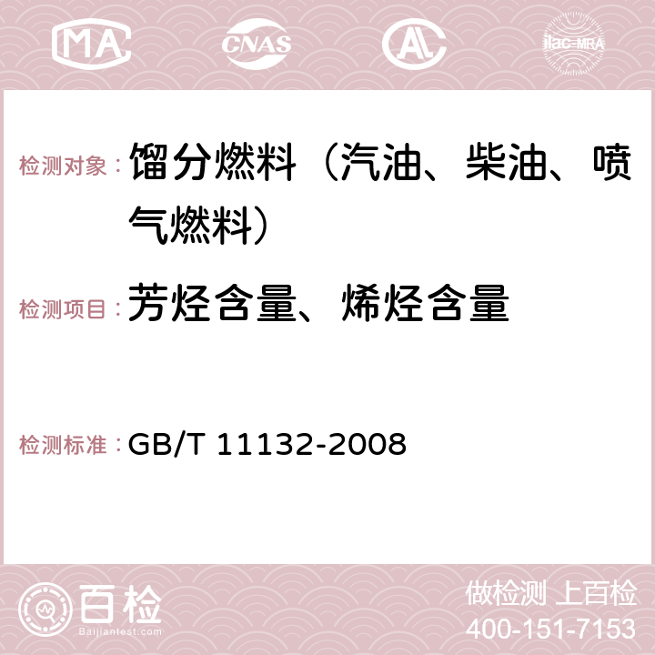 芳烃含量、烯烃含量 液体石油产品烃类的测定 荧光指示剂吸附法 GB/T 11132-2008