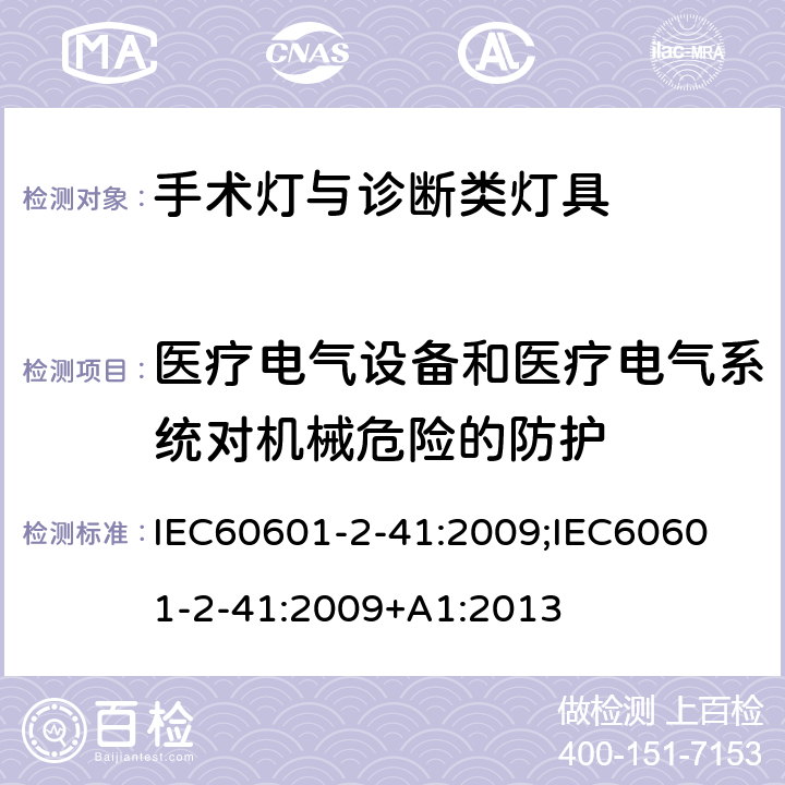 医疗电气设备和医疗电气系统对机械危险的防护 医用电气设备 第2-41 部分：手术灯与诊断类灯具基本安全与基本性能专用要求 IEC60601-2-41:2009;
IEC60601-2-41:2009+A1:2013 条款201.9