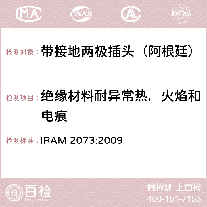 绝缘材料耐异常热，火焰和电痕 家用带接地两极插头特殊要求 （额定10 A和20A - 250 V a.c） IRAM 2073:2009 28