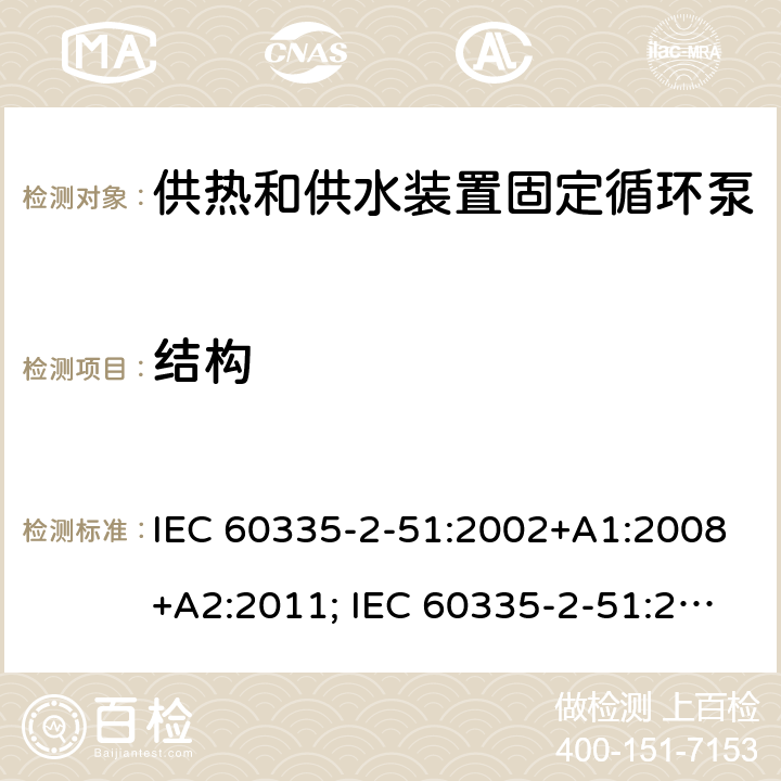 结构 家用和类似用途电器的安全　供热和供水装置固定循环泵的特殊要求 IEC 60335-2-51:2002+A1:2008+A2:2011; IEC 60335-2-51:2019
EN 60335-2-51:2003+A1:2008+A2:2012;
GB 4706.71-2008
AS/NZS60335.2.51:2006+A1:2009; AS/NZS60335.2.51:2012;AS/NZS 60335.2.51:2020 22