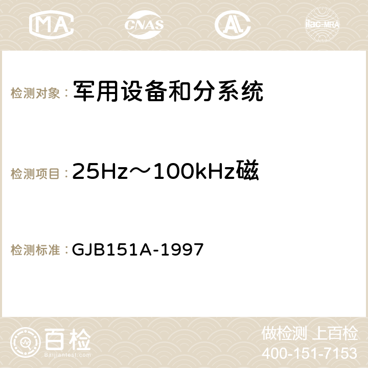 25Hz～100kHz磁场辐射发射（RE101） 军用设备和分系统电磁发射和敏感度要求 GJB151A-1997 5.3.14