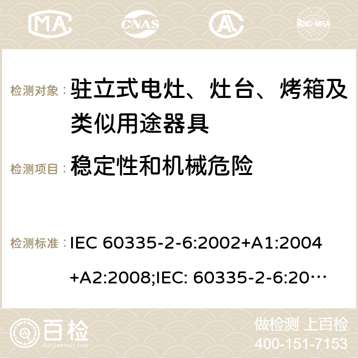 稳定性和机械危险 家用和类似用途电器的安全驻立式电灶、灶台、烤箱及类似用途器具的特殊要求 IEC 60335-2-6:2002+A1:2004 +A2:2008;IEC: 60335-2-6:2014+A1:2018;
EN 60335-2-6:2003+A1:2005+A2:2008+ A11:2010 + A12:2012 + A13:2013; EN 60335-2-6:2015+A11:2020+A1:2020; GB 4706.22-2008; AS/NZS 60335.2.6:2008+A1:2008+A2:2009+A3:2010+A4:2011
AS/NZS 60335.2.6:2014+A1:2015+A2:2019 20