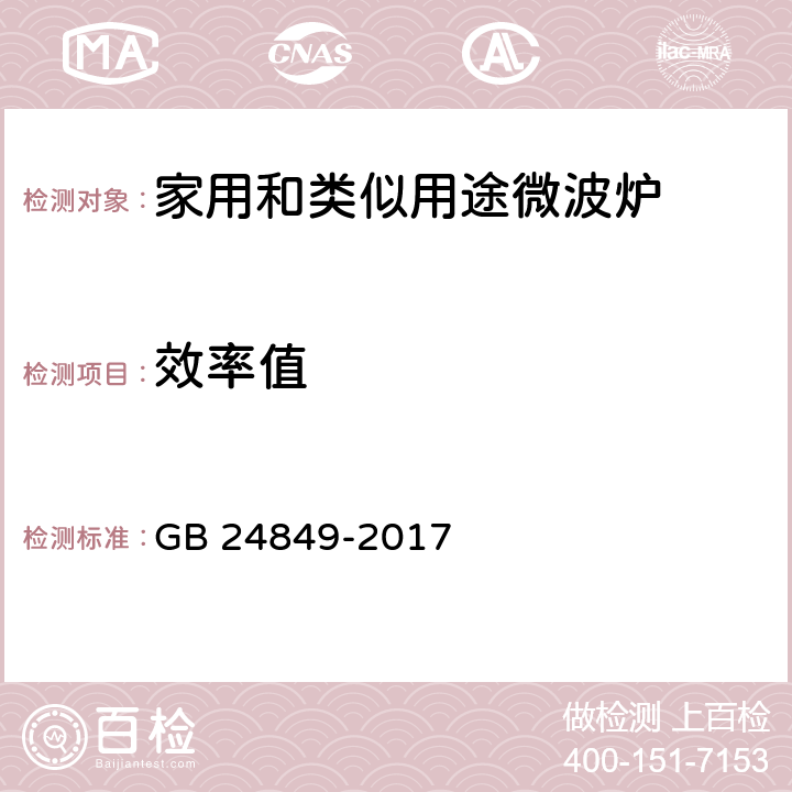 效率值 GB 24849-2017 家用和类似用途微波炉能效限定值及能效等级