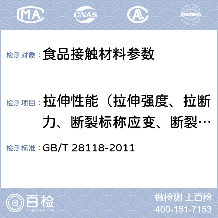 拉伸性能（拉伸强度、拉断力、断裂标称应变、断裂伸长率、拉紧绳拉伸力、拉伸屈服应力） 食品包装用塑料与铝箔复合膜、袋 GB/T 28118-2011 6.4.1