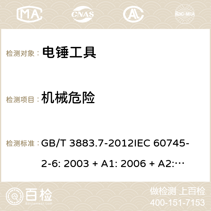 機械危險 手持式電動工具的安全 第2 部分: 電錘工具的專用要求 GB/T 3883.7-2012
IEC 60745-2-6: 2003 + A1: 2006 + A2: 2008
EN 60745-2-6: 2010
AS/NZS 60745.2.6:2009 19