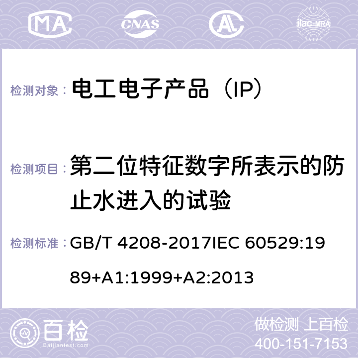 第二位特征数字所表示的防止水进入的试验 防护等级(IP代码） GB/T 4208-2017
IEC 60529:1989+A1:1999+A2:2013 14