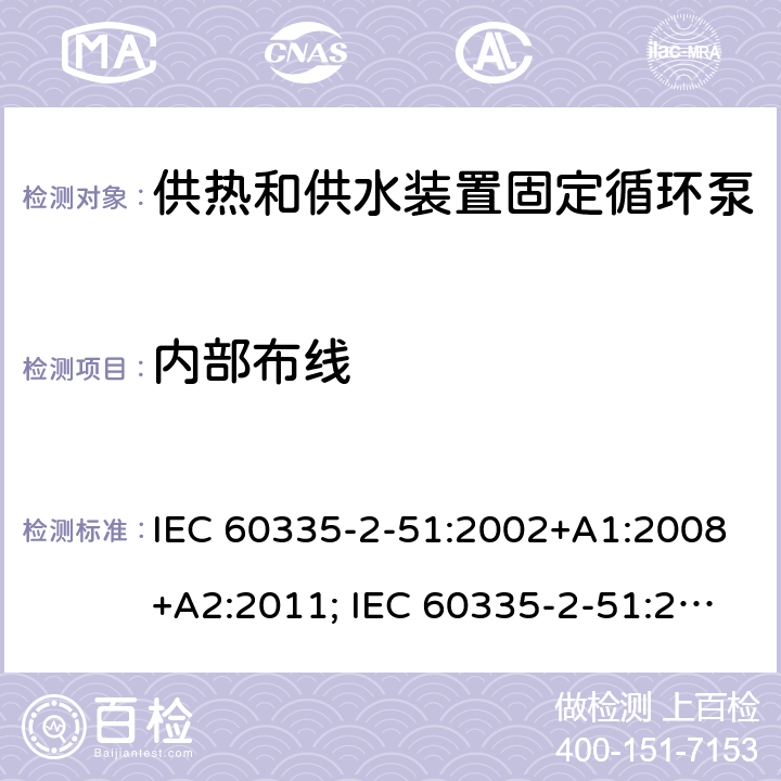 内部布线 家用和类似用途电器的安全　供热和供水装置固定循环泵的特殊要求 IEC 60335-2-51:2002+A1:2008+A2:2011; IEC 60335-2-51:2019
EN 60335-2-51:2003+A1:2008+A2:2012;
GB 4706.71-2008
AS/NZS60335.2.51:2006+A1:2009; AS/NZS60335.2.51:2012;AS/NZS 60335.2.51:2020 23