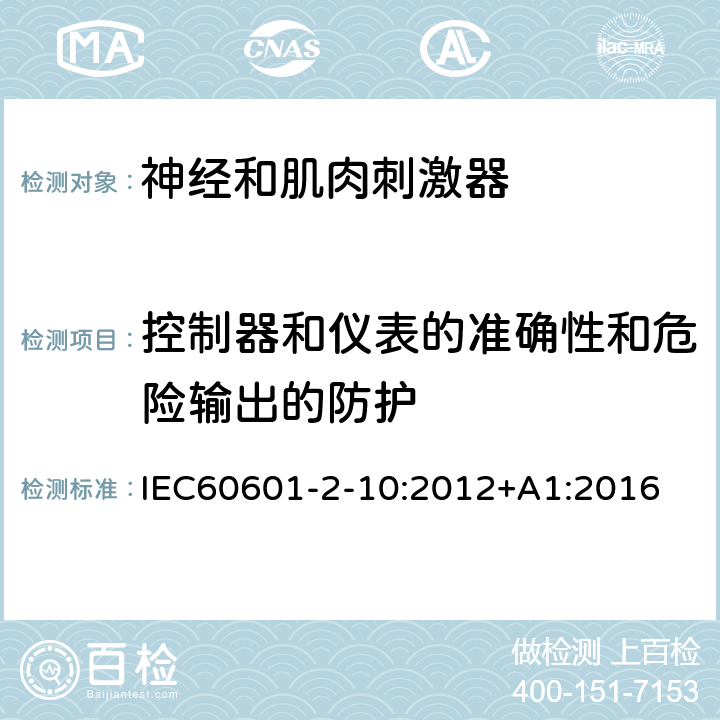 控制器和仪表的准确性和危险输出的防护 医用电气设备 第2-10部分： 神经和肌肉刺激器安全专用要求 IEC60601-2-10:2012+A1:2016 条款201.12