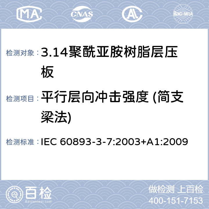 平行层向冲击强度 (简支梁法) 绝缘材料 电气用热固性树脂基工业硬质层压板第3部分：单项材料规范 第7篇：对聚酰亚胺树脂硬质层压板的要求 IEC 60893-3-7:2003+A1:2009 表5