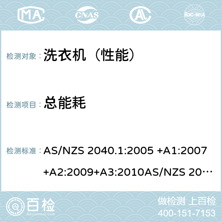 总能耗 家用洗衣机-性能测量方法第2部分：能源标签要求 AS/NZS 2040.1:2005 +A1:2007+A2:2009+A3:2010
AS/NZS 2040.2:2005+A1:2012