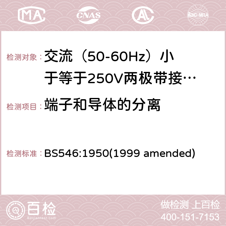 端子和导体的分离 交流（50-60Hz）小于等于250V两极带接地销插头、插座和插座适配器 BS546:1950(1999 amended) 17