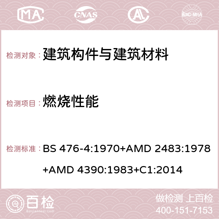 燃烧性能 建筑材料和结构的燃烧测试-第4部分：材料的不燃性测试 BS 476-4:1970+AMD 2483:1978+AMD 4390:1983+C1:2014