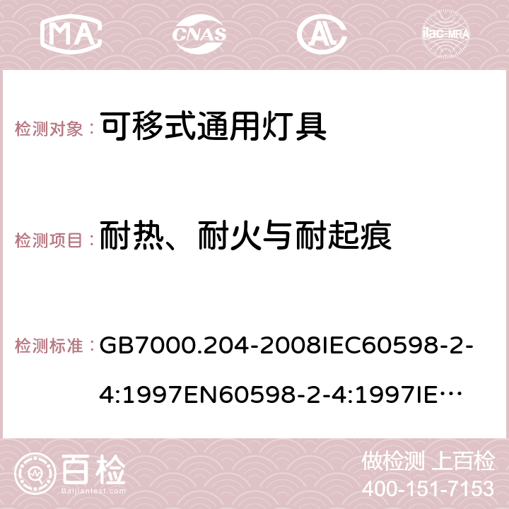 耐热、耐火与耐起痕 灯具 第2-4部分：特殊要求 可移式通用灯具 GB7000.204-2008
IEC60598-2-4:1997
EN60598-2-4:1997
IEC60598-2-4:2017
EN60598-2-4:2018 15